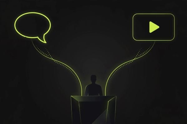 Speaker at a podium with a speech bubble on one side and a video play button on the other — live vs recorded lecture citation rules