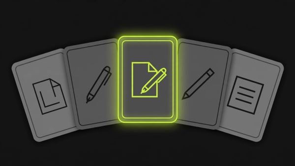 Fanned writing-tool cards with one highlighted — comparing free QuillBot alternatives