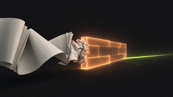 A document ribbon hitting a glowing barrier wall — the free word-limit cap that pushes writers away