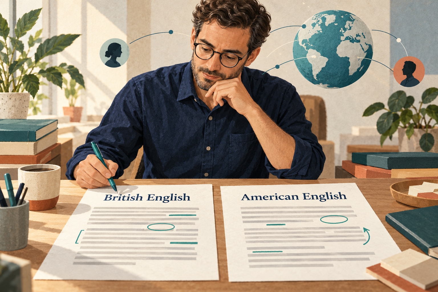 Editor compares British and American English documents for international business communication.