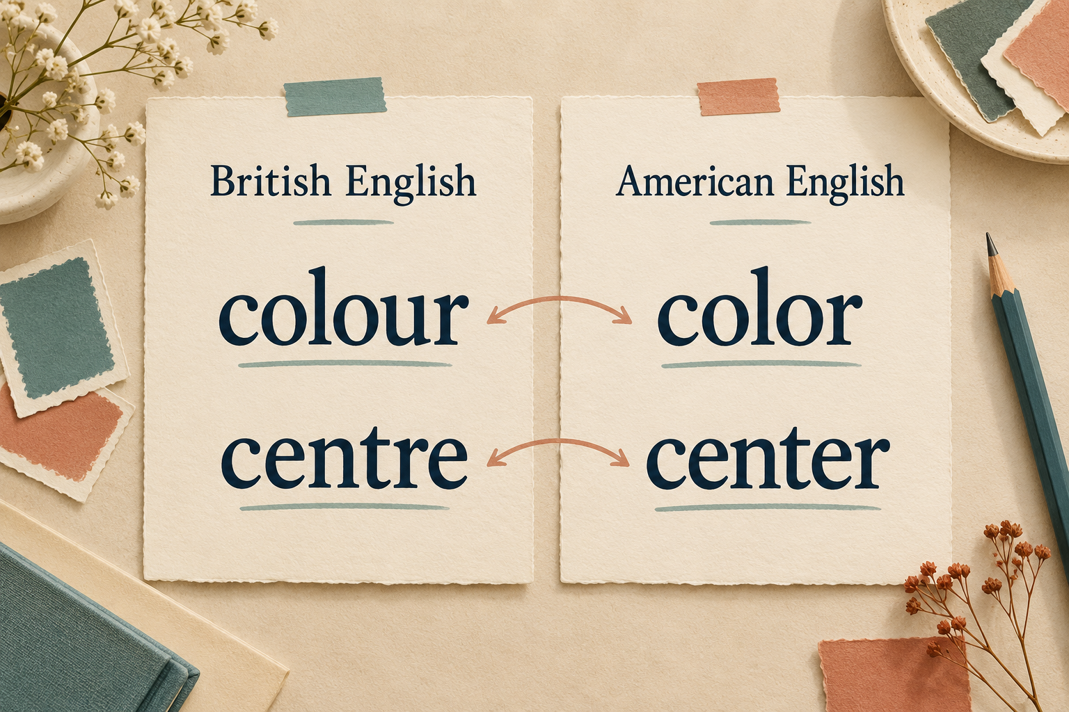 British spellings colour and centre paired with American spellings color and center.
