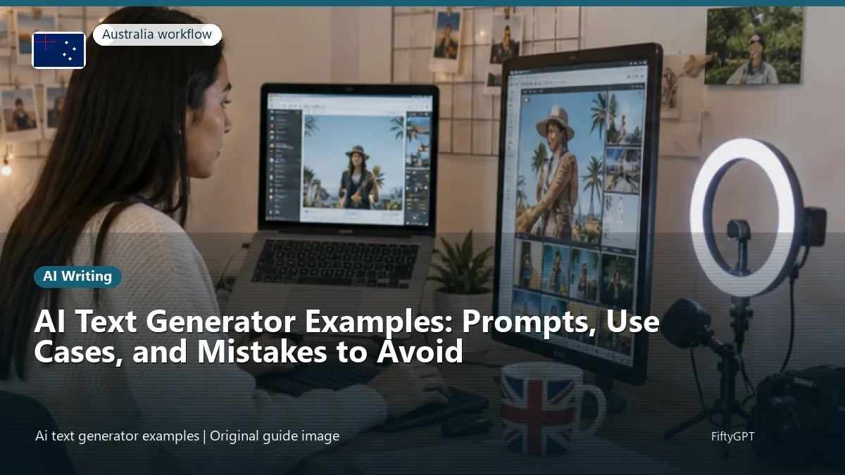 Australia person using an online ai writing workflow for AI Text Generator Examples: Prompts, Use Cases, and Mistakes to Avoid
