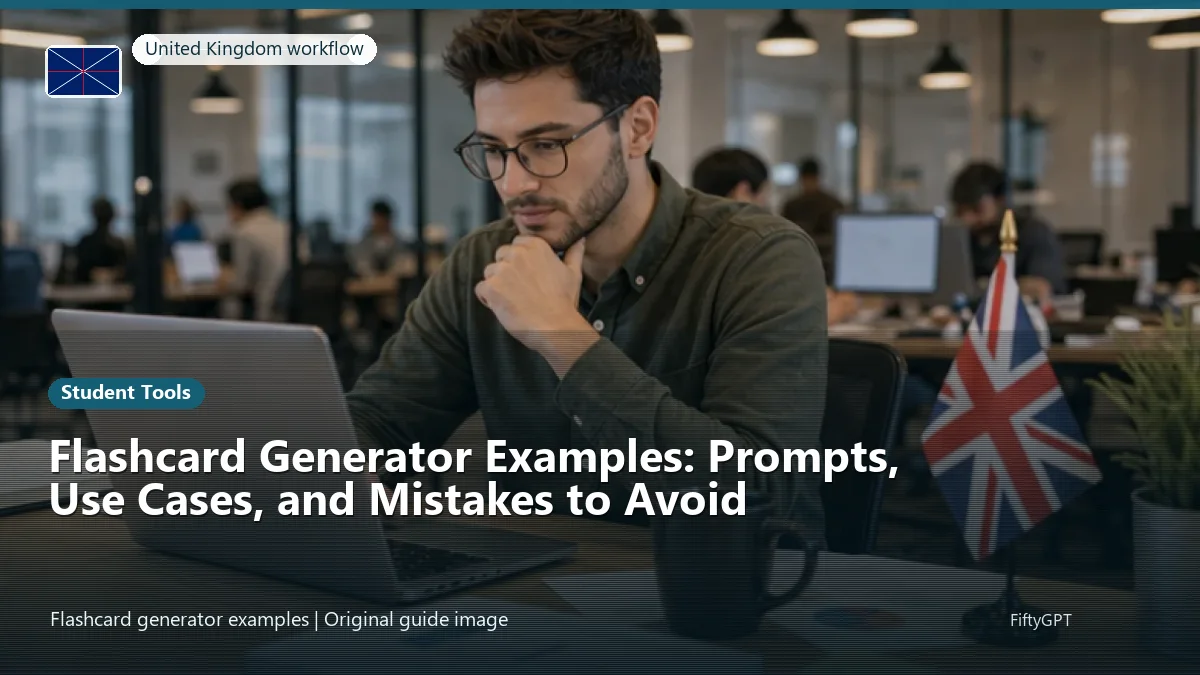 United Kingdom person using an online student tools workflow for Flashcard Generator Examples: Prompts, Use Cases, and Mistakes to Avoid