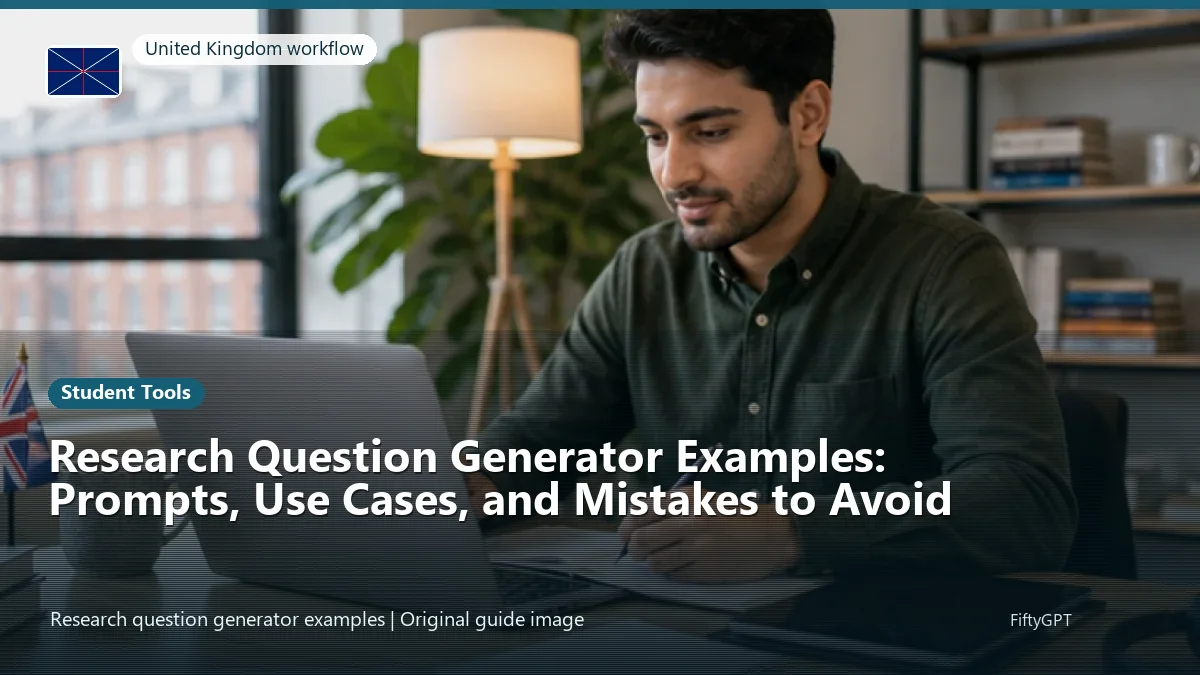 United Kingdom person using an online student tools workflow for Research Question Generator Examples: Prompts, Use Cases, and Mistakes to Avoid