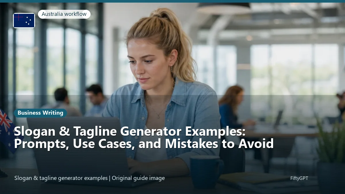 Australia person using an online business writing workflow for Slogan & Tagline Generator Examples: Prompts, Use Cases, and Mistakes to Avoid