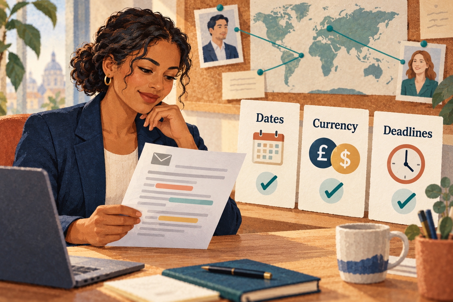 Professional checks dates, currency, and deadlines while proofreading an international business email.