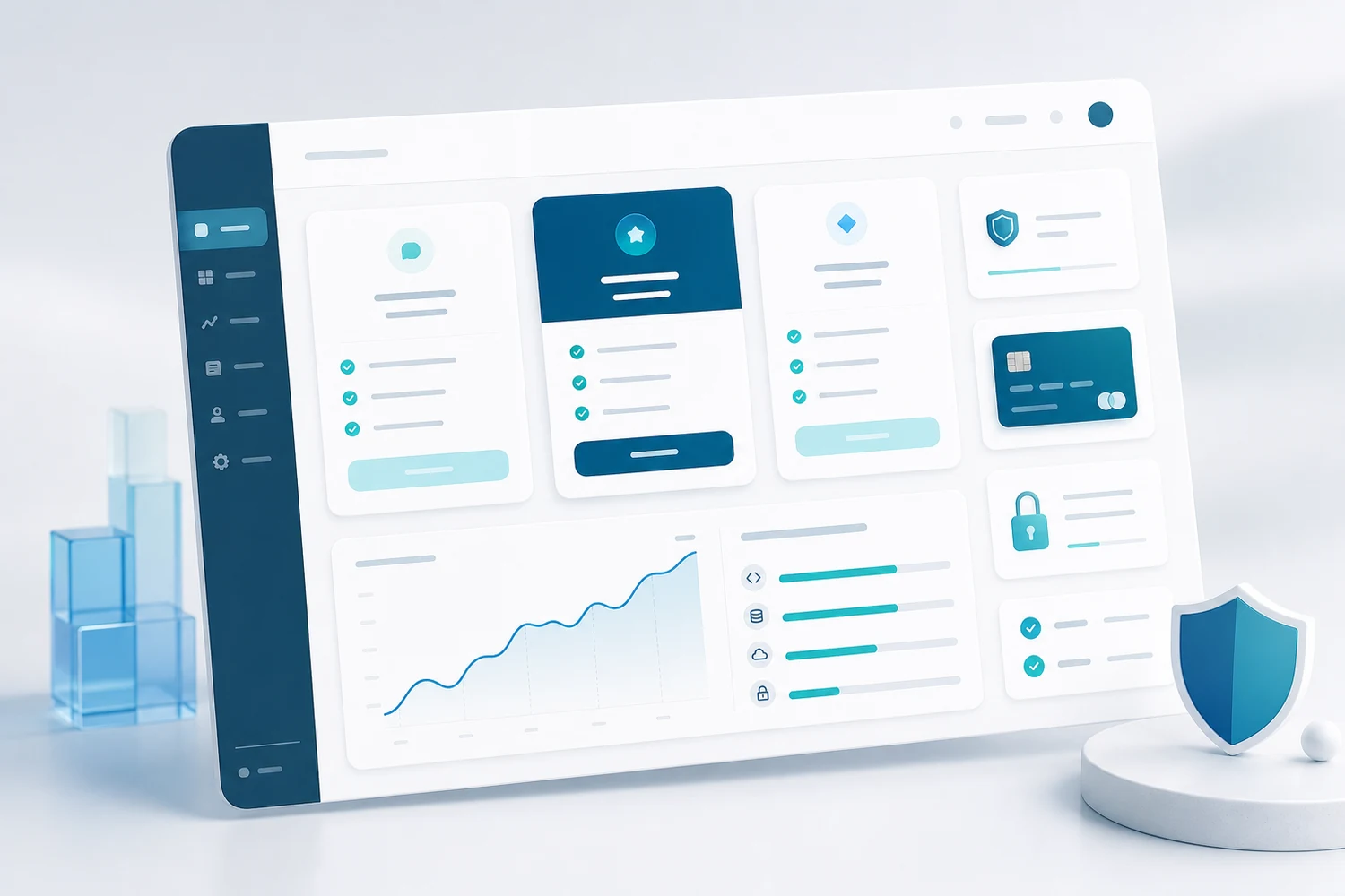 Modern pricing dashboard with plan cards, usage graph and secure payment widgets