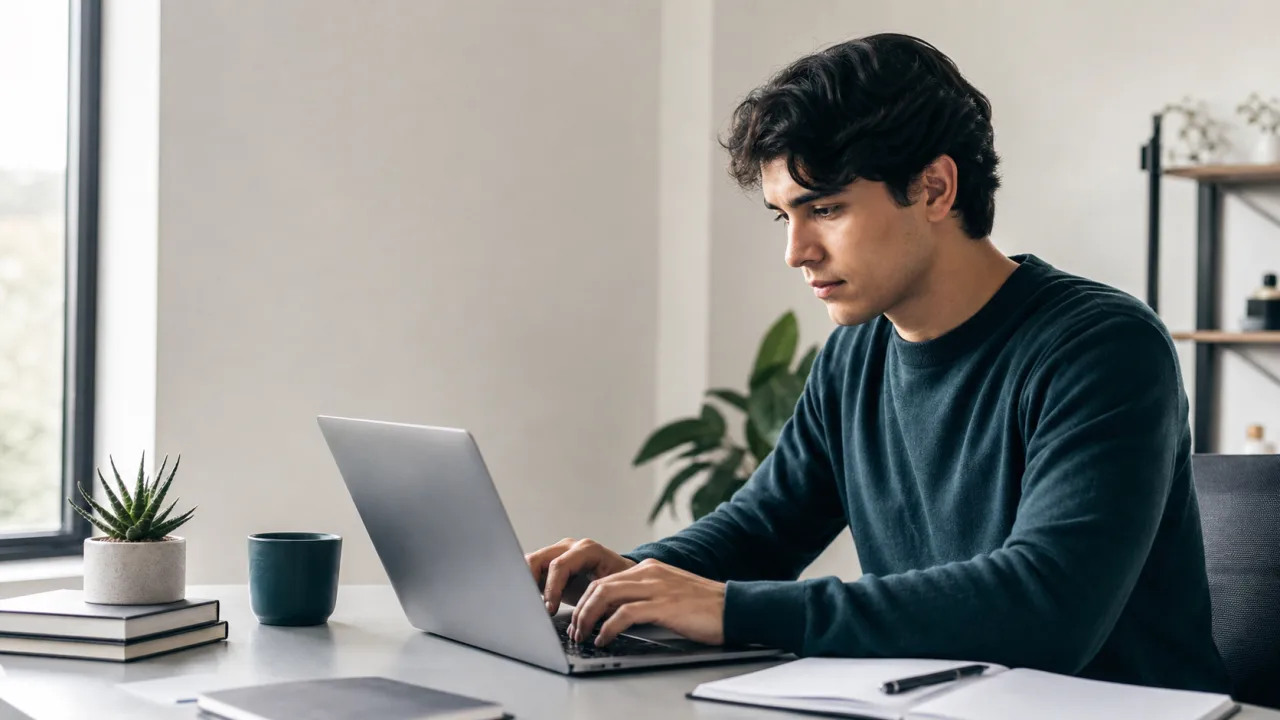 Person using Title & Headline Generator on a laptop in a clean workspace