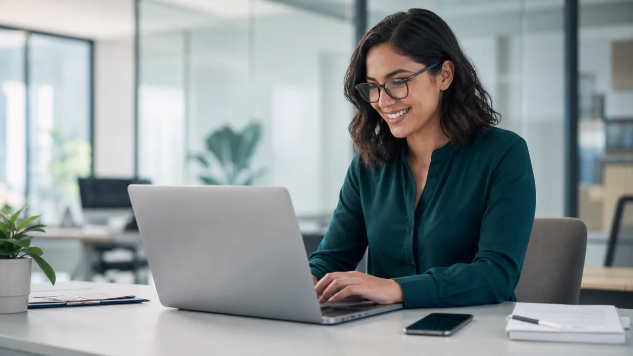 Person using Instagram Caption Generator on a laptop in a clean workspace