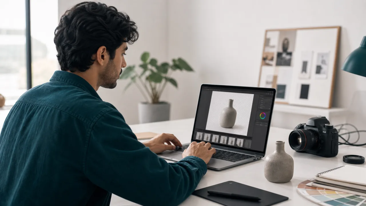 Person using Background Remover on a laptop in a clean workspace